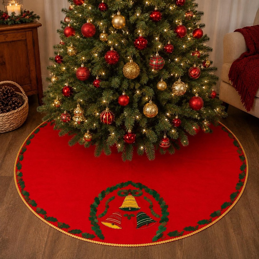 Vintage Red Felt Christmas Tree Skirt Bells Holly Applique Gold Trim 68 Inch